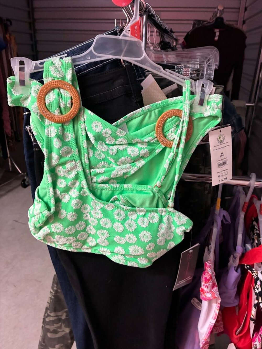 Green Floral Womens Swimsuit Top With Wooden Ring AcceCENT XL